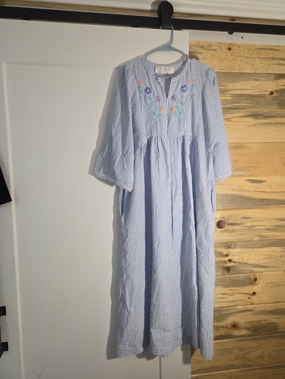 Vintage Stan Herman Seersucker Pinstriped Nightgown Robe Cottagecore Embroidered